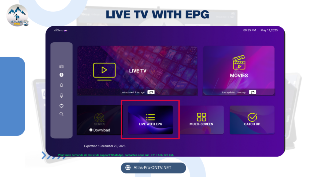 atlas pro 2025 LIVE TV with EPG section